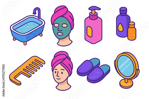 SelfCare Essentials Icons. SelfCare Routine flat icons: bathtub, face mask, lotion bottle, essential oils, comb, towel wrap, slippers, mirror.