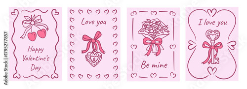 Playful pink Valentine card set with hand-drawn hearts, ribbon bow, cherry, bouquet, and ornate key frames, ideal for romantic greeting, printable stationery, and festive invitation design