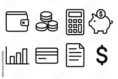 Finance Icons Set. Personal Finance linear icons: wallet, coins, calculator, piggy bank, bar chart, credit card, document, dollar sign.