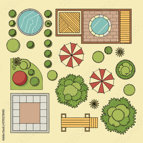 Overhead view of a garden plan with pool patio umbrellas and various plants and structures shown in detail