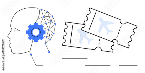 Human head with AI network and gear next to airplane flight tickets. Ideal for technology, innovation, travel, automation, machine learning, efficiency, data processing. Simple flat metaphor