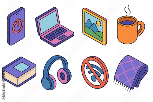 Digital Detox Icons. Digital Detox flat icons: phone off icon, laptop, nature view, coffee mug, book, headphones, no WiFi symbol, blanket.