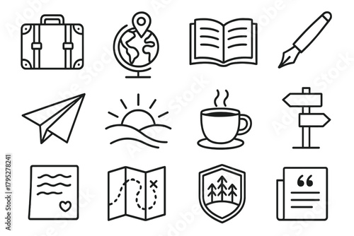 Travel Iconography. Wanderlust Writing linear icons: suitcase, globe pin, open book, fountain pen, paper plane, sunrise over hills, coffee cup, trail marker, handwritten letter.