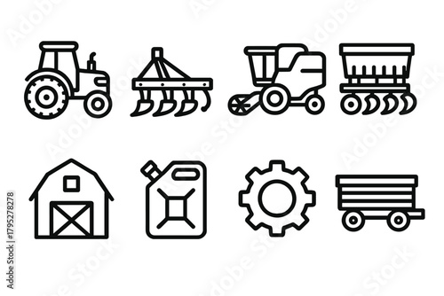 Farm Equipment Icons. Heavy Farm Equipment linear icons: tractor, plow, harvester, seed drill, trailer, barn, fuel can, gear.