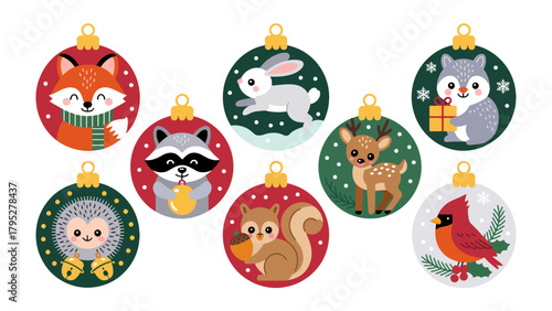 Festive Animal Ornaments: A charming array of Christmas ornaments, each featuring an adorable animal character. The playful designs, including a fox, rabbit, raccoon, deer, hedgehog, squirrel, wolf.