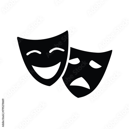 Theatrical masks representing comedy and tragedy are displayed against a white background.