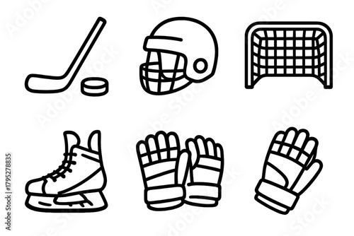 Hockey Gear Icons. Ice Hockey linear icons: hockey stick, puck, helmet, goal net, skates, gloves.