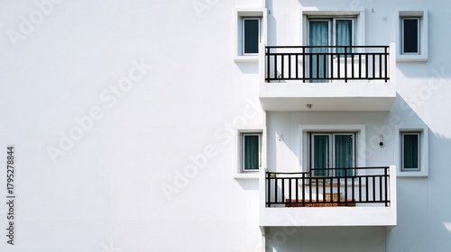 White building facade with balconies and windows, simple architecture