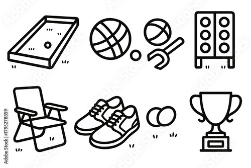 Bocce Essentials Icons. Recreational Bocce linear icons: park court, red and green balls, measuring tool, pallino, scoreboard, lawn chair, shoes, trophy.