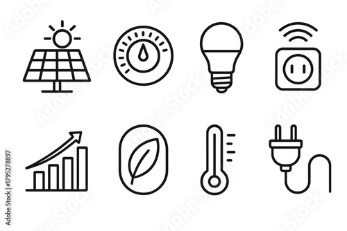 EcoFriendly Icons. EnergySaving Home linear icons: solar panel, thermostat dial, LED bulb, smart plug, efficiency chart, eco mode icon, temperature gauge, power cable.