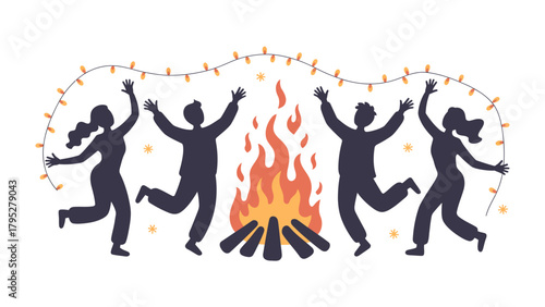 Bonfire Celebration: a Silhouette of people celebrates around a cozy campfire, illuminated by the warm glow of flames and string lights, exuding an atmosphere of camaraderie and enjoyment.