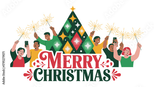 Holiday Celebration with Christmas Cheer: A festive group celebrates the season. With sparklers, phones and colorful christmas tree, embodying the spirit of community and the joy of the holidays.