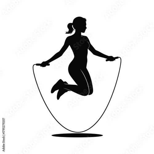 Silhouette of a young woman jumping rope in mid air