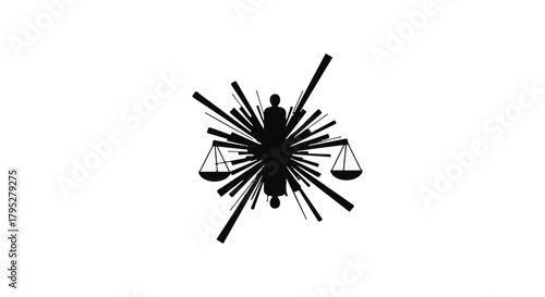 Abstract silhouette of a person with radiating lines and scales of justice, symbolizing legal concepts and balance.