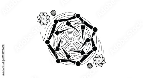 Intricate swirling abstract pattern with geometric shapes and interconnected lines, symbolizing complex systems and dynamic motion.
