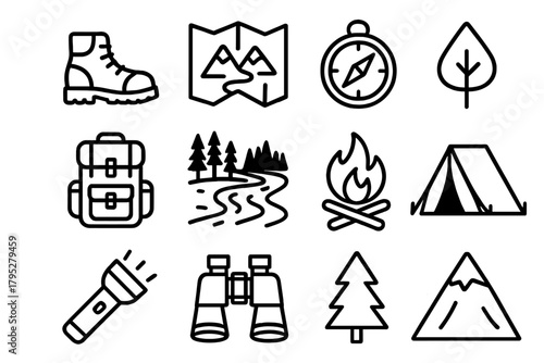 Outdoor Adventure Icons. Outdoor exploration linear icons: hiking boots, map, compass, backpack, river, forest, campfire, tent, flashlight, binoculars, tree, mountain peak.