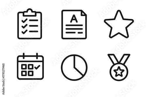 Progress Icons Ensemble. Progress Tracking linear icons: checklist, report card, star, calendar, pie chart, medal.
