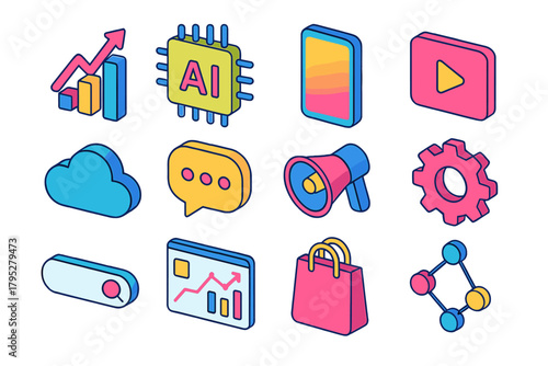 Colorful Marketing Icons. Marketing Innovation flat icons: data graph, AI chip, smartphone, video play, cloud, chat bubble, megaphone, gear, search bar, analytics dashboard.