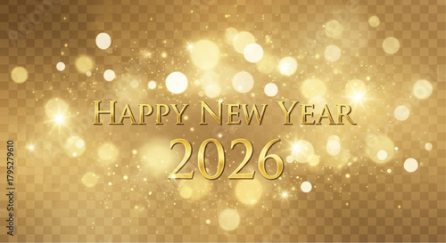 Sparkling New Year 2026 Celebration with golden glittering bokeh and luminous greeting in a festive, magical display.  vector illustration