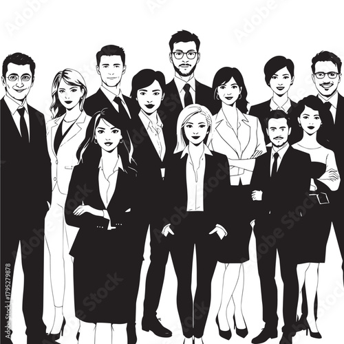 Professional diverse business team standing together confidently in modern office attire, ready to achieve success and drive innovation forward.