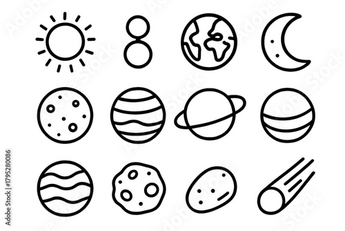 Planetary Icon Set. Planetary icons linear icons: sun, mercury, venus, earth, moon, mars, jupiter, saturn, uranus, neptune, asteroid, comet.