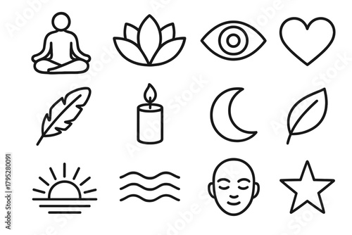 Conscious Awakening Symbols. Conscious Awakening linear icons: meditation pose, lotus flower, eye, heart, feather, candle, moon, leaf, sunrise, light wave, calm face, star.