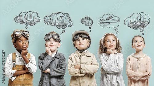 Children dreaming of their future professions on colorful backgrounds. Concept: Inspiration, childhood aspirations, and career imagination.