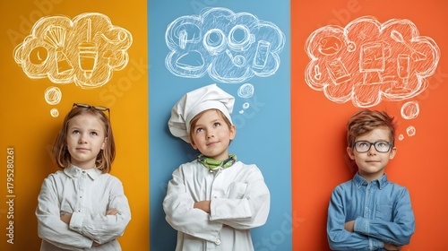 Children dreaming of their future professions on colorful backgrounds. Concept: Inspiration, childhood aspirations, and career imagination.