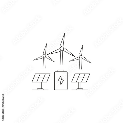 Renewable Energy Line Art with Solar Panels, Wind Turbines and Battery Storage Icon