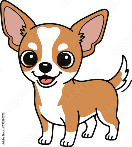 A cheerful, stylized cartoon of a brown and white Chihuahua with big eyes, standing, panting slightly, and wagging its tail.