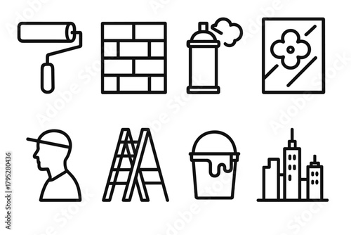 Urban Art Tools. City Murals linear icons: paint roller, wall surface, spray can, stencil, ladder, bucket, skyline background, artist silhouette.