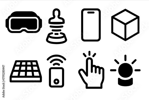 Brutalist Tech Icons. Immersive Experience silhouette icons set: AR headset, hologram, smartphone, 3D cube, digital grid, motion sensor, hand gesture, glowing icon.