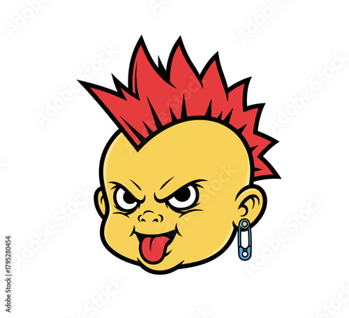 Cartoon illustration of a rebellious punk rock baby with a red mohawk hairstyle and a safety pin earring, sticking its tongue out with attitude