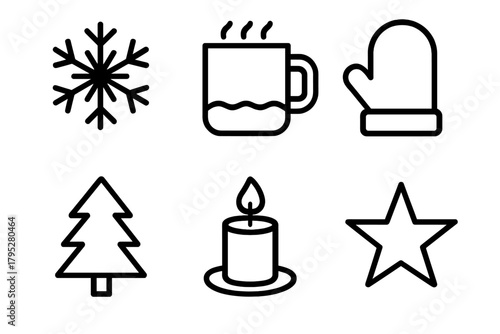 Winter Icons Collection. Winter Rest linear icons: snowflake, mug, mitten, pine tree, candle, star.