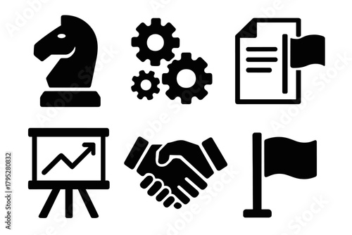 Brutalist Strategic Icons. Strategic consensus silhouette icons set: chess knight, gears, document paper, flag, chart board, handshake.