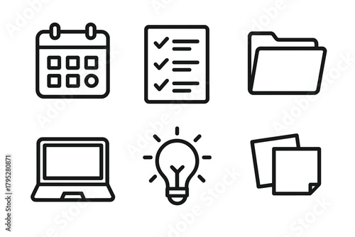 Lesson Planning Icons. Lesson Planning linear icons: calendar, checklist, folder, laptop, light bulb, sticky notes.
