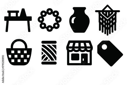 Craft Market Icons. Local Craft Markets silhouette icons set: craft table, beads, clay pot, macramé wall hanging, woven basket, yarn spool, local shop, paper tag.