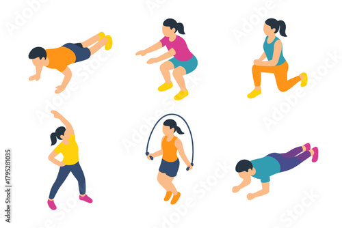 Isometric Workout Icons. Workout Routines flat icons: pushup, squat, lunge, stretch, jump rope, plank.