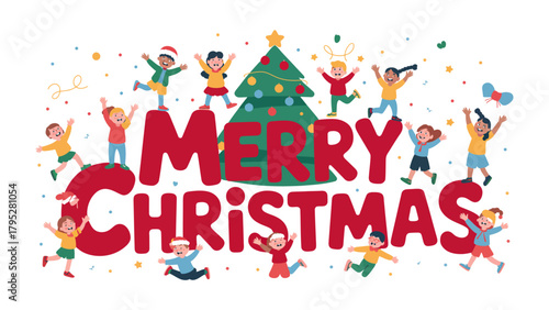 Christmas Cheer: Joyful children gather around a decorated Christmas tree, their faces beaming with holiday spirit, creating a festive scene full of cheer and wonder.