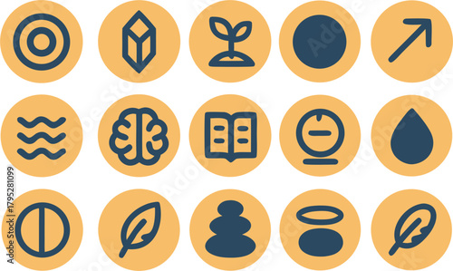 Discover growth, knowledge, and balance with this collection of modern, clean icons representing mind, nature, and progress