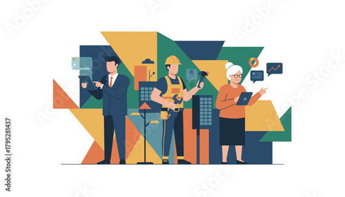 Diverse workers businessman technician and senior woman integrating digital technology and data