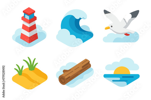 Coastal Icons Collection. Coastal Fog flat icons: lighthouse, wave, seagull, dune, driftwood, horizon line.