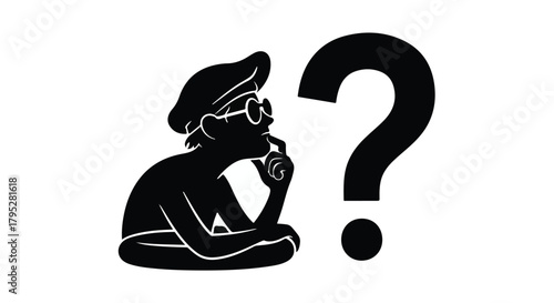 Pensive person contemplating a large question mark, symbolizing doubt and inquiry