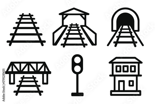 Railway Infrastructure Icons. Rail Infrastructure linear icons: railway tracks, station platform, tunnel, bridge, signal light, control tower.