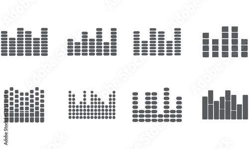  Clean vector set of sound waves and equalizer icons. Monochrome, scalable waveforms ideal for music apps, podcasts, logos, UI, slides, and branding.