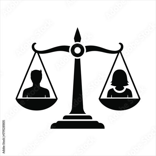 Gender Equality Icon: Man and Woman Silhouettes Balanced on Scales of Justice, Symbolizing Equal Pay and Workplace Rights
