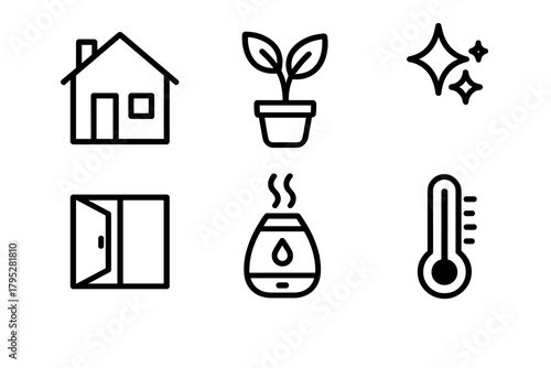 Cozy Home Essentials. Healthy Home linear icons: house, plant, open window, sparkle, humidifier, thermometer.