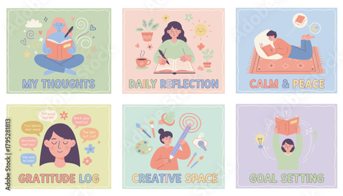 Selfcare illustration set journaling daily reflection mindfulness creativity and goal setting