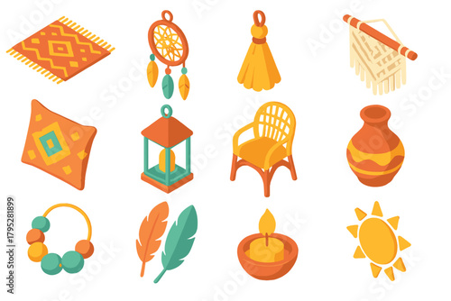 Bohemian Icon Collection. Bohemian style flat icons: woven rug, dreamcatcher, tassel, macrame, patterned pillow, lantern, rattan chair, vase, beads, feathers, candle, sun.