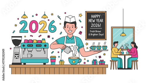 Cheerful 2026 New Year cafe scene Barista serves fresh coffee to celebrating customers